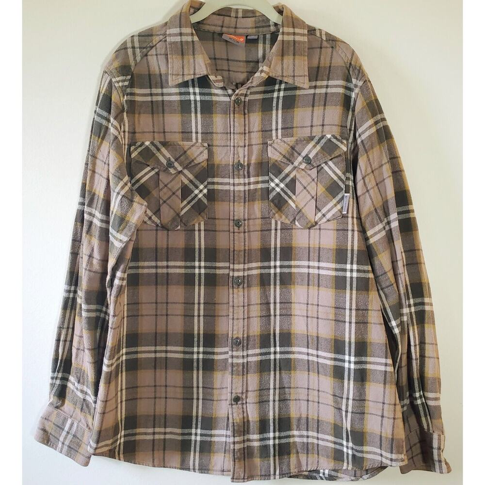 Merrell Mens XL Classic Tan Plaid Cotton Flannel Shirt Outdoor Farmhouse